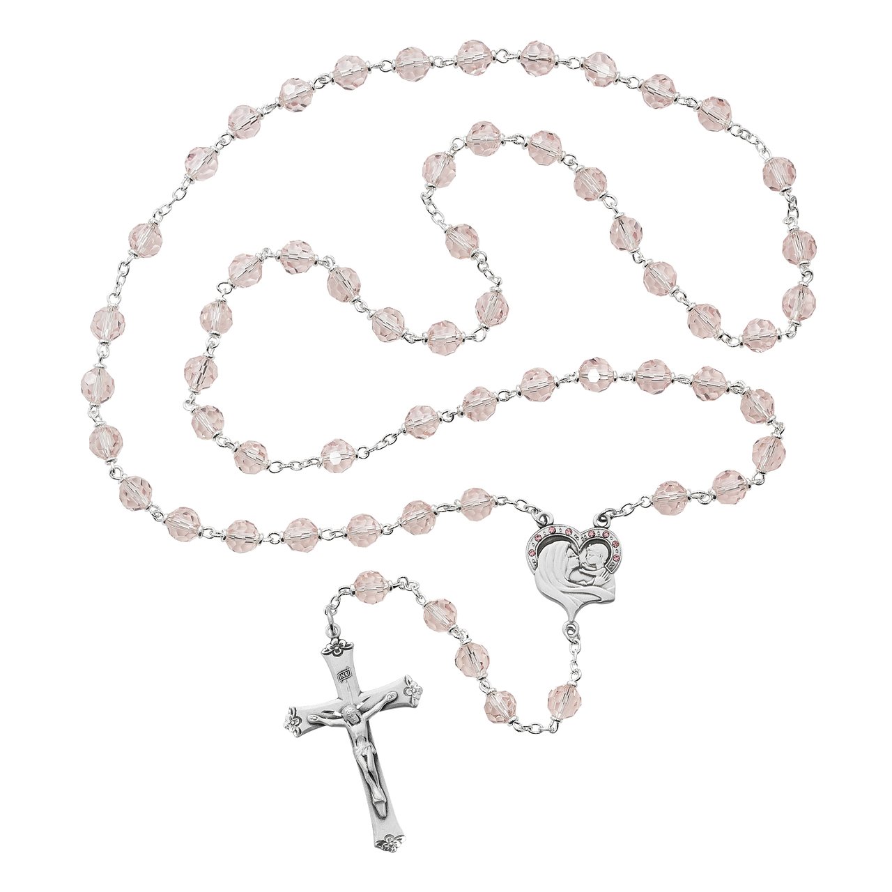 Mother and Child Pink Crystal Rosary Boxed
