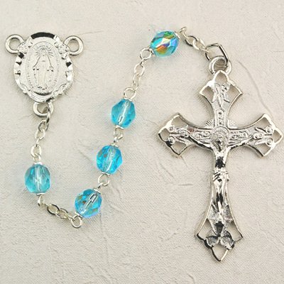 Aqua Aurora Glass Rosary Boxed