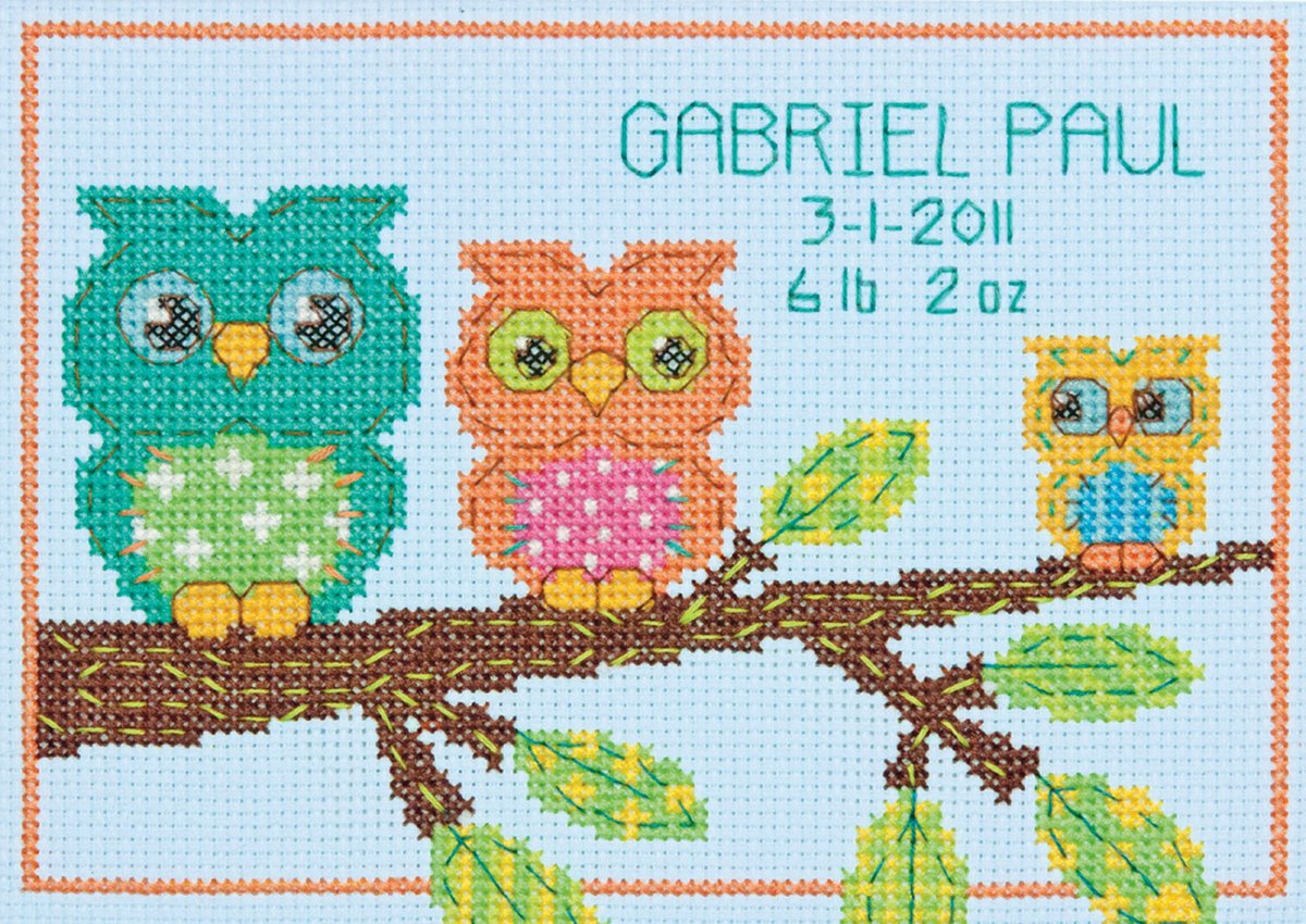 Owl Birth Record Mini Counted Cross Stitch Kit-7""X5"" 14 Count
