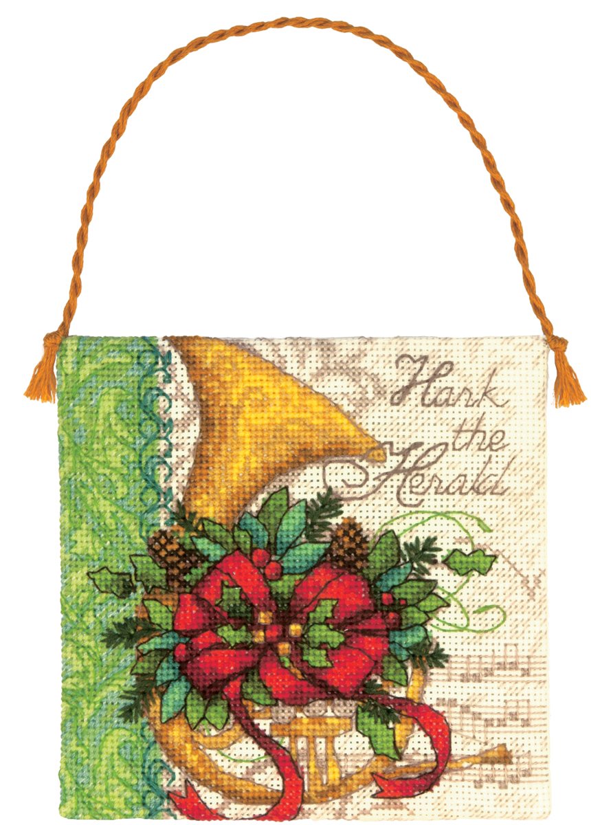 Gold Petite French Horn Ornament Counted Cross Stitch Kit-4.25""X4.25"" 18 Count