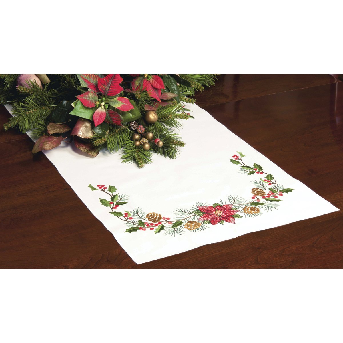 Stamped Cross Stitch Table Runner 15""X44""-Christmas Greens