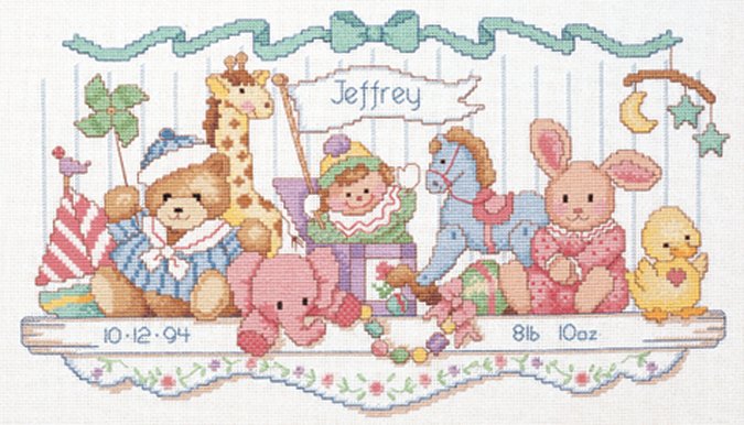 Toy Shelf Birth Record Counted Cross Stitch Kit-16""X9"" 14 Count