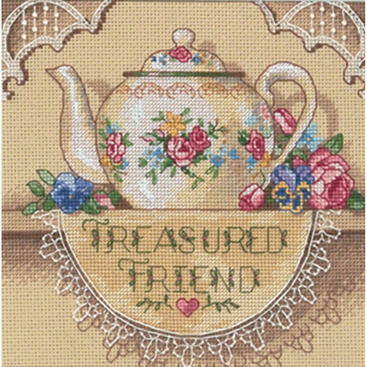 Gold Petite Treasured Friend Teapot Counted Cross Stitch Kit-6""X6"" 18 Count