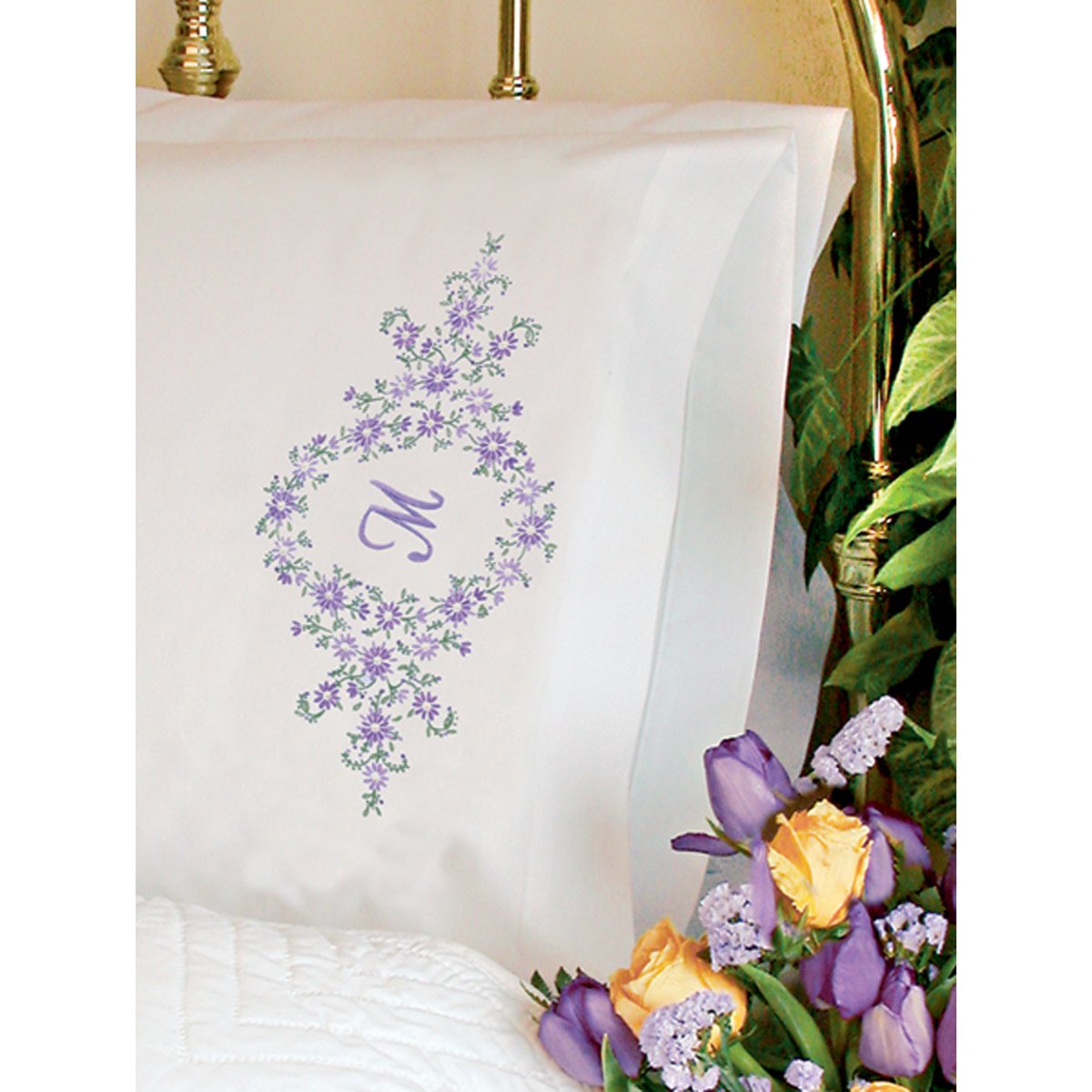 Stamped Embroidery Pillowcase Pair 20""X30""-Daisy Monogram