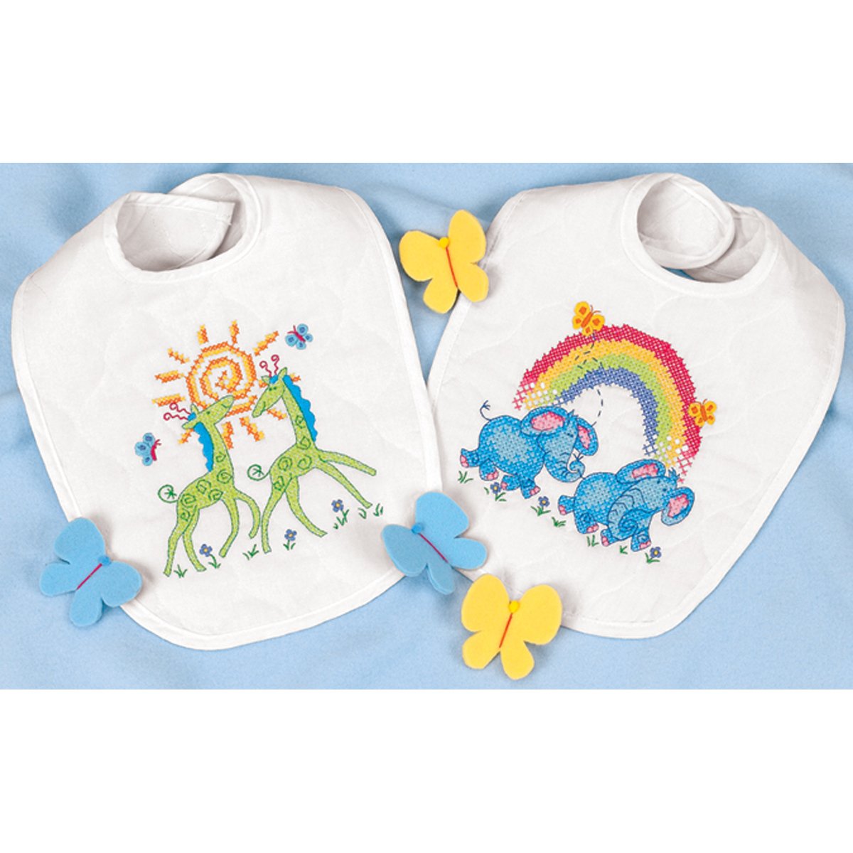 Baby Hugs Noah's Ark Bibs Stamped Cross Stitch Kit-9""X14"" Set Of 2