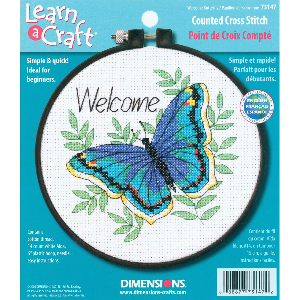 Learn-A-Craft Welcome Butterfly Counted Cross Stitch Kit-6"" Round 14 Count