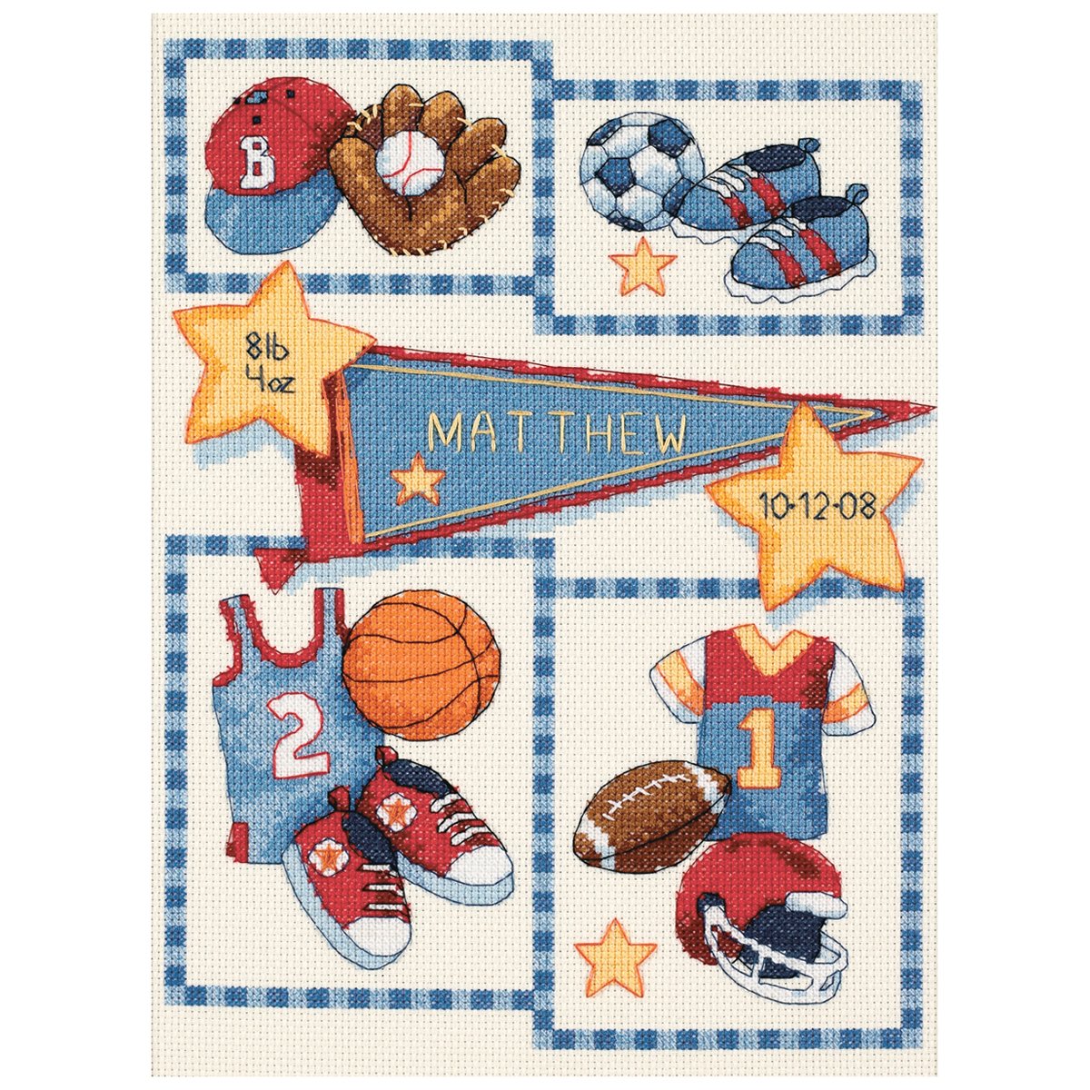 Baby Hugs Little Sports Birth Record Counted Cross Stitch Ki-9""X12"" 14 Count