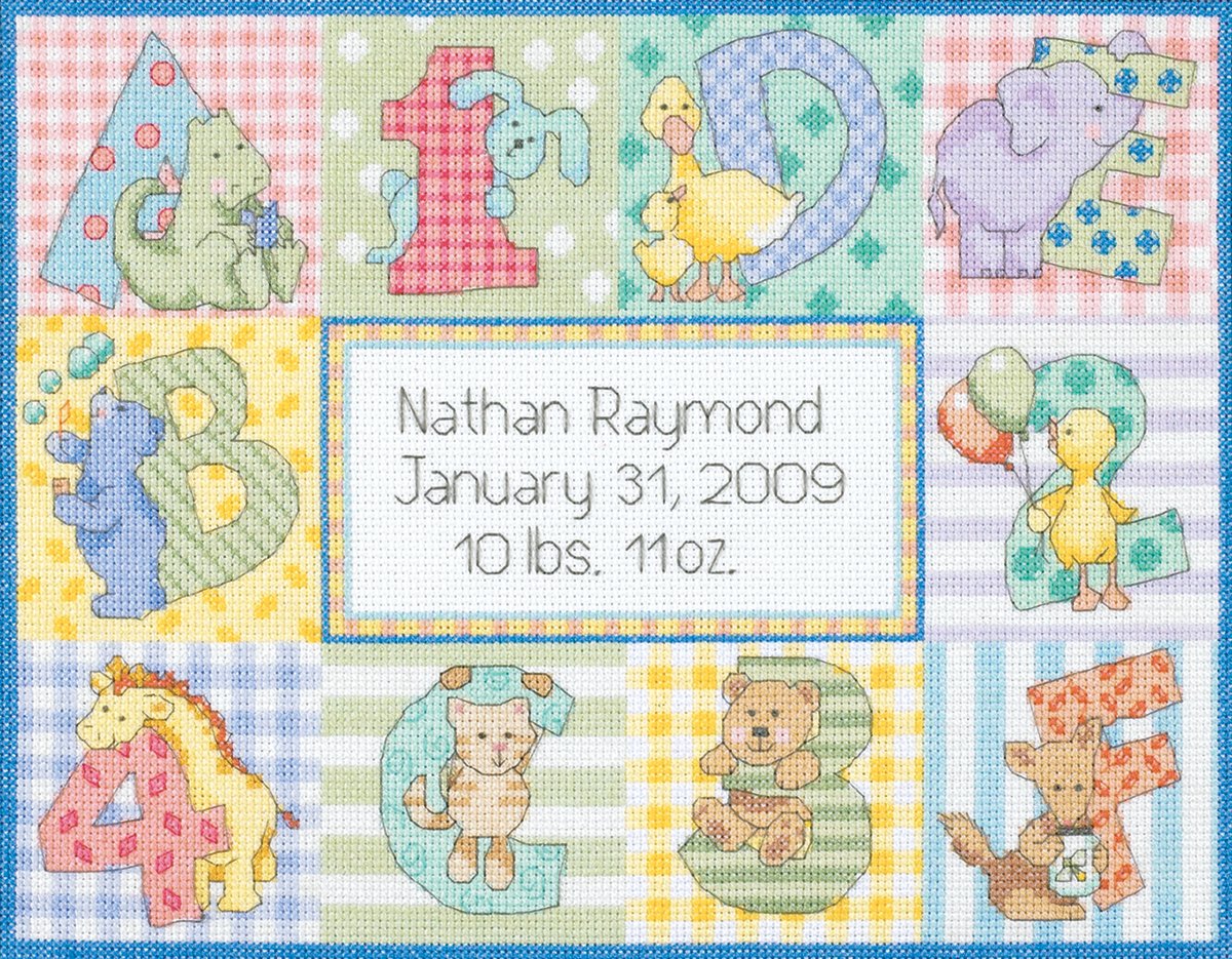 Baby Hugs Zoo Alphabet Birth Record Counted Cross Stitch Kit-12""X9"" 14 Count
