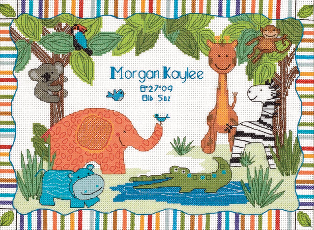 Baby Hugs Mod Zoo Birth Record Counted Cross Stitch Kit-12""X9"" 14 Count