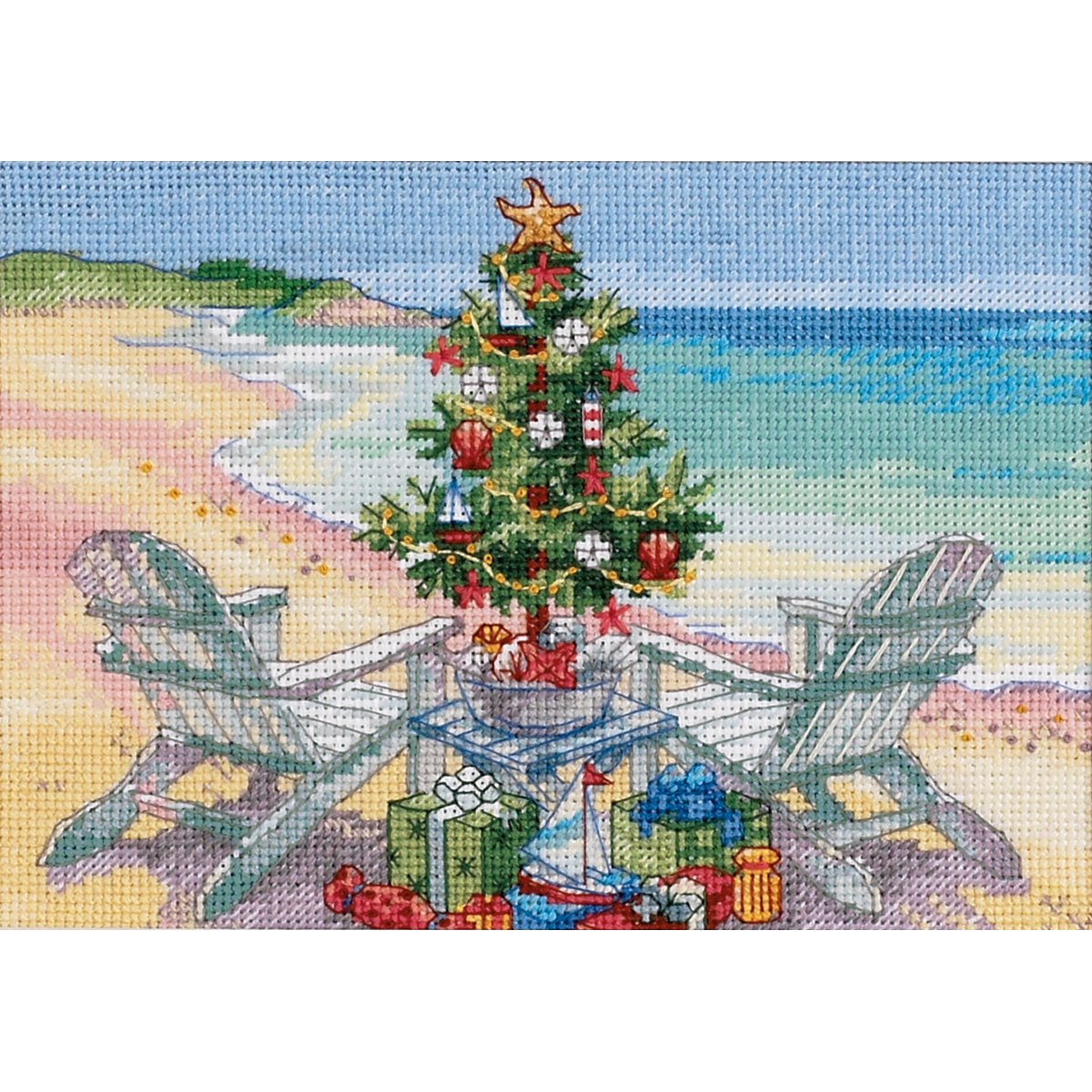 Gold Petite Christmas On The Beach Counted Cross Stitch Kit-7""X5"" 18 Count